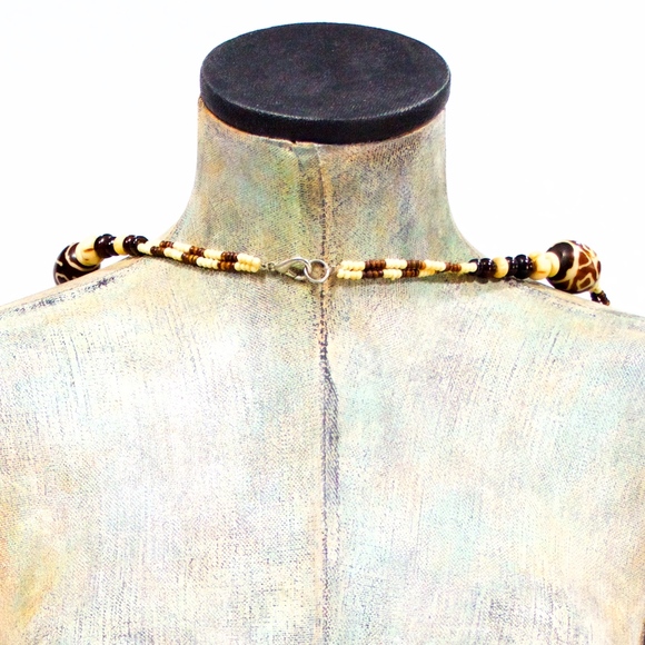 VTG 80's Ex Long Bone Wood and Aluminum Necklace - Picture 3 of 3